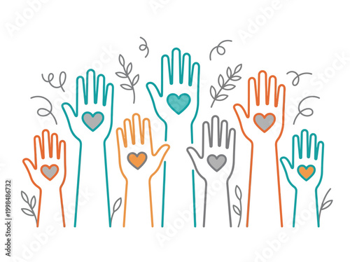 Community Volunteer Hands with Hearts Illustration - Charity, Kindness, and Humanitarian Support Concept Art