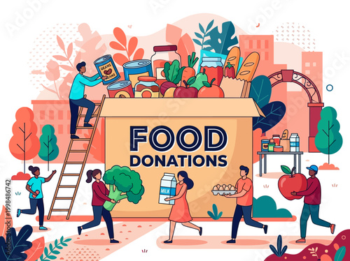 Food Donation Concept Illustration with Diverse Volunteers Packing Groceries in a Large Box for Charity and Community Support