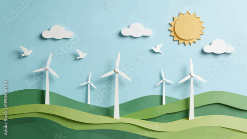 Paper art of wind turbines and sun