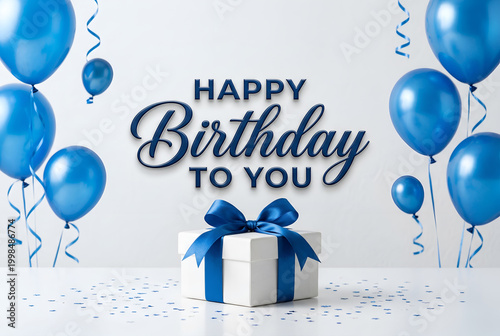 Happy birthday to you greeting with blue balloons and white gift box with blue ribbon