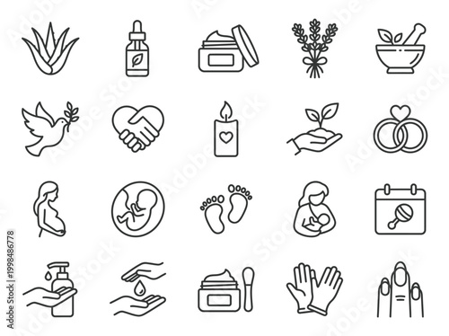 Wellness Motherhood and Natural Skincare Line Icon Set with Pregnancy Beauty and Health Symbols