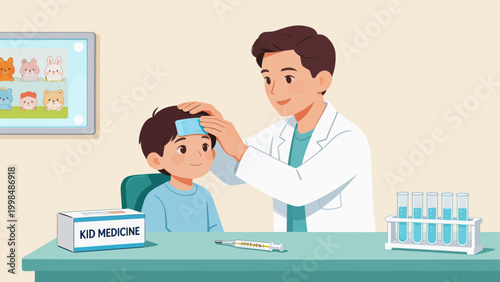 Doctor checking childs temperature