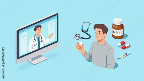 Man consulting doctor online with medicine
