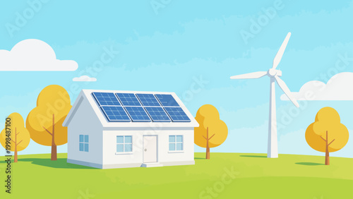 House with solar panels and wind turbine
