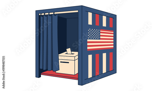 Voting booth with a ballot box and a us flag on the side, representing the democratic process and election day in the united states