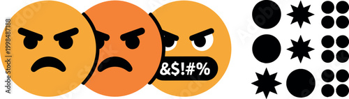 Angry Emoji Expression Icon Set Featuring Mad Faces, Censored Speech Symbols and Reaction Elements in Bold Flat Vector Style