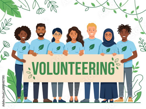 Group of Diverse People Holding a Volunteering Banner, Environmental Community Service Concept