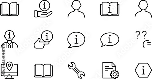 Customer Support and Information Icon Set Featuring Help Symbols, FAQ, Service Assistance, User Guidance and Technical Support in Outline Vector Style