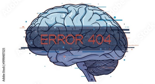 Digital brain illustration displays a technical malfunction notification.