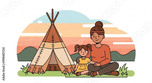 Mother and daughter sitting by a teepee outdoor family camping illustration concept of childhood and nature