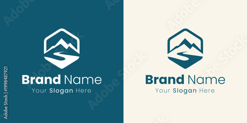 A modern hexagonal logo featuring stylized mountains and a winding river.