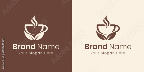 A cozy logo featuring a steaming coffee cup with abstract leaf elements.