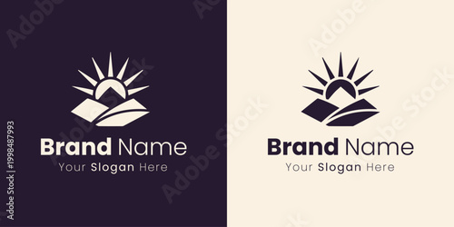 A captivating logo featuring a sun rising over geometric pyramids or hills.