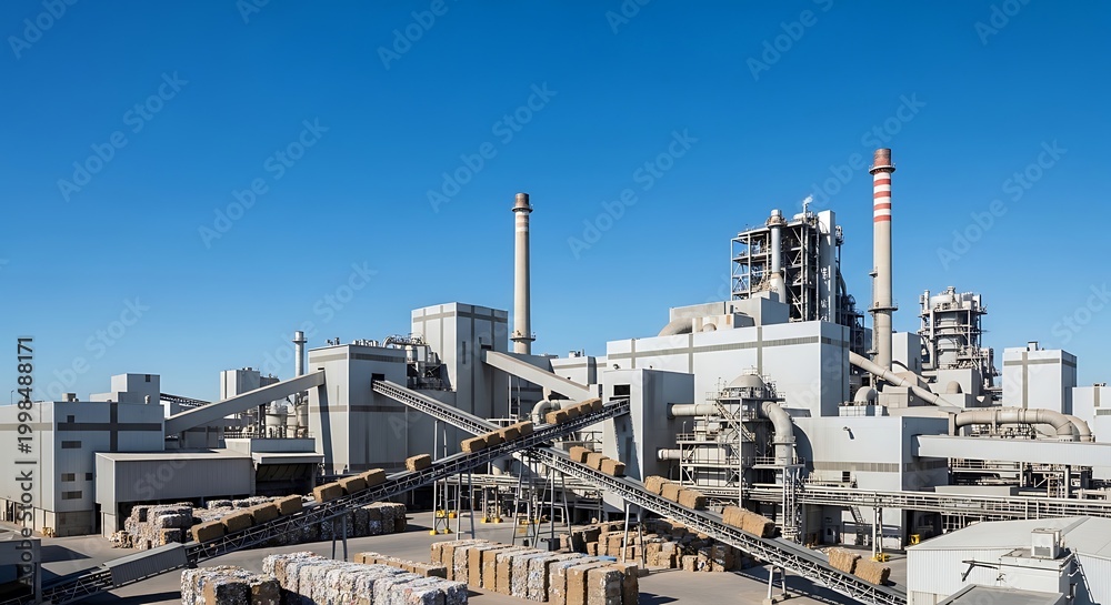 Obraz premium Industrial Complex Under Clear Blue Sky - A Modern Architectural Marvel.