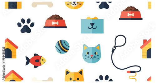 Colorful pattern featuring various pet related items like food bowls toys and houses