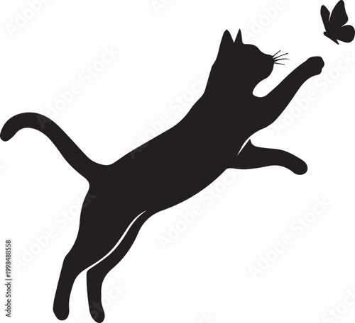 Playful Cat Jumping Silhouette Isolated on White