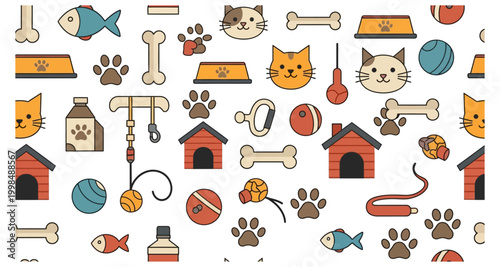 Colorful pattern featuring cats dog houses toys and pet related items