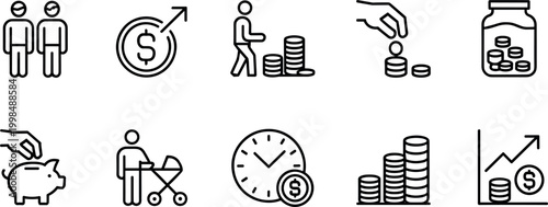 Minimalist black line icon set for personal savings, financial growth, family investment planning, retirement funds, coin stacks, piggy bank, and wealth management wealth accumulation strategies.