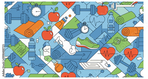 A colorful pattern illustrating healthy lifestyle choices and fitness activities