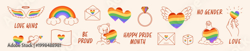 Happy Pride Month. Hand-drawn LGBTIA doodle icon set: rainbow hearts, wings, envelopes, rings, and pride symbols celebrating love,diversity, and identity with playful lines,soft colors.Vector clipart