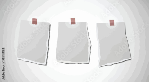 Three blank torn paper sheets with adhesive tape
