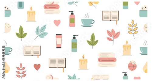 A seamless pattern featuring self care items like candles books and rolled towels