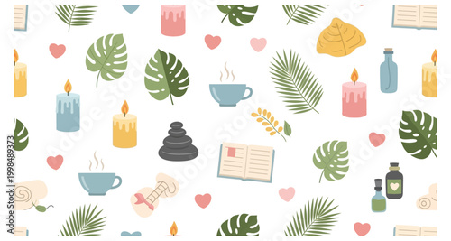 A cozy pattern featuring tropical leaves candles books and comforting objects
