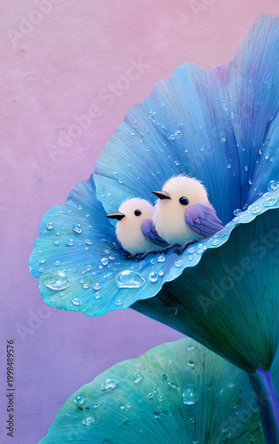 Two fluffy white birds with blue wings sit nestled in a vibrant blue lotus petal adorned with water droplets.