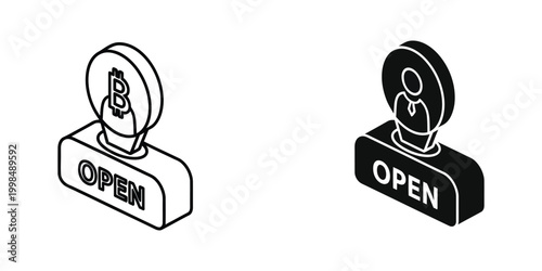 Isometric icons representing open crypto wallet and user profile access