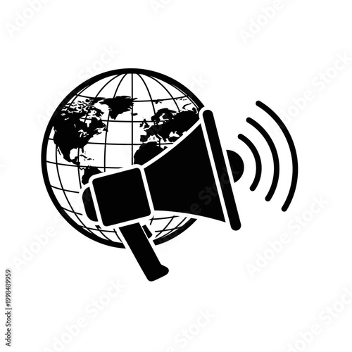 Global announcement concept with megaphone and world map for communication.