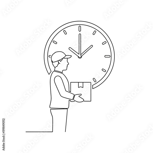 Delivery man with package and clock illustration.