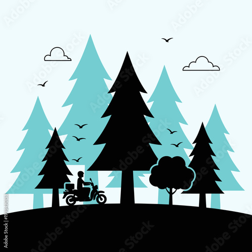 Delivery in Nature - Scooter amidst Forest Trees.