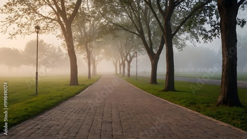 Jogging path near sports park in soft fog symbolizing healthy development and harmony.