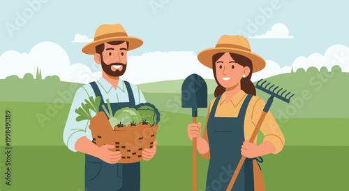 Farmers holding gardening tools and produce.