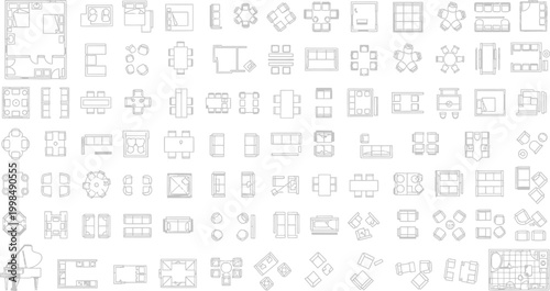 Large Collection of Architectural Floor Plan Furniture Symbols Vector Set for Interior Design Blueprint Planning and Home Layout Technical Drawing