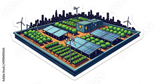 Sustainable urban farm with solar panels and wind turbines
