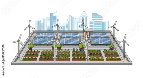 Sustainable urban farm with solar panels and wind turbines