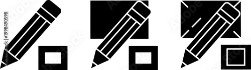 Minimalist black and white vector icon set featuring pencil writing on paper and envelope for creative editing and drafting concepts.