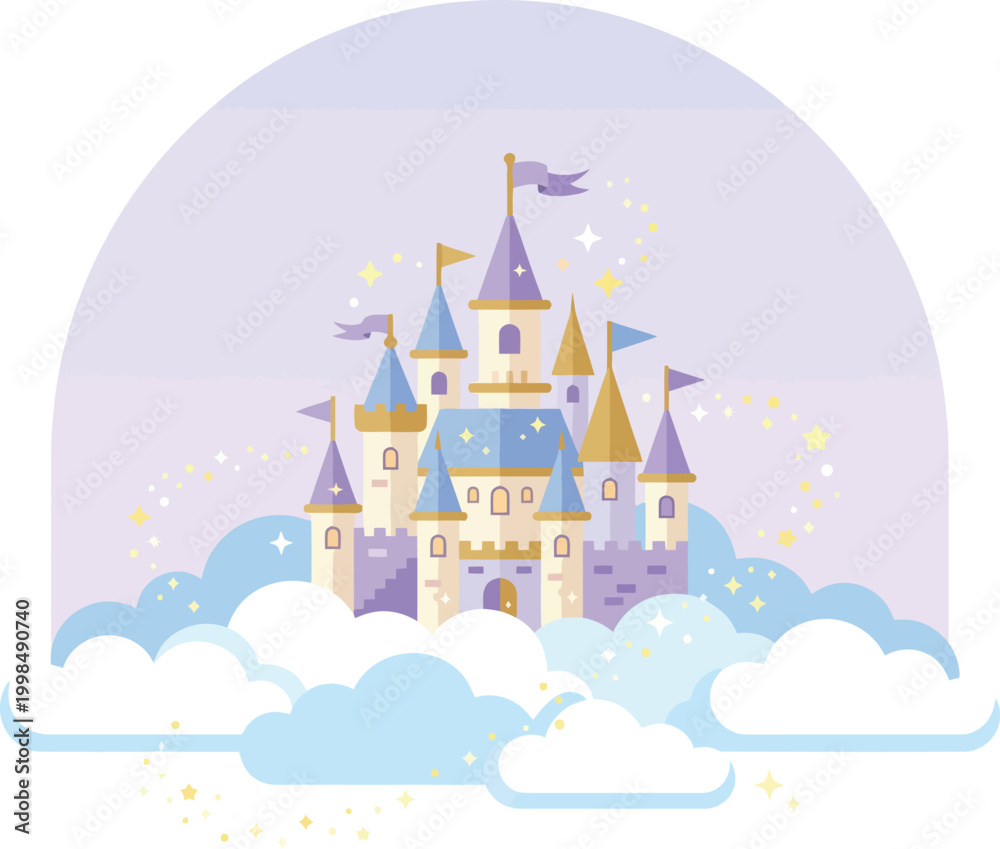 Fototapeta premium Fairytale castle floating on clouds with sparkles fairytale sparkles whimsical enchanting imagination illustration childlike