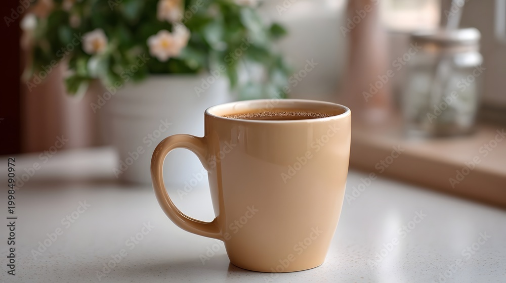 Fototapeta premium A ceramic mug filled with steaming coffee rests on a light surface set amidst natural light and blurred greenery evoking a cozy morning atmosphere