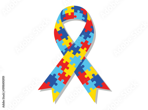 Autism Awareness Ribbon with Colorful Puzzle Pieces Vector Illustration Isolated on White Background for World Autism Awareness Day and Neurodiversity Support