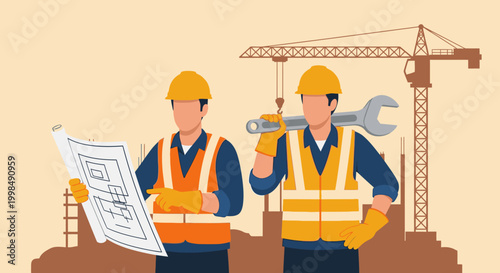 Two construction workers in safety gear.