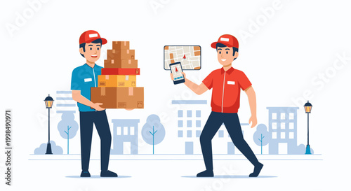Two delivery men with boxes and tablet.