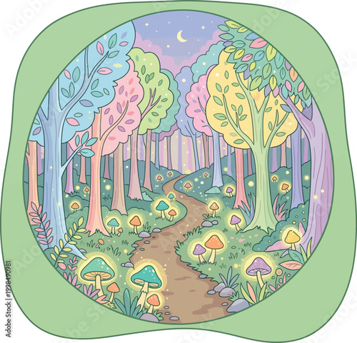 Enchanting forest with glowing mushrooms and colorful pastel trees nature art fantasy art mushrooms enchanting whimsical moonlight