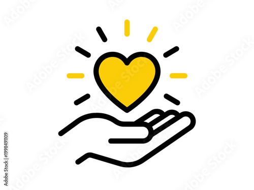 Charity and Donation Icon with Hand Holding a Yellow Heart, Volunteer and Care Concept Vector Illustration