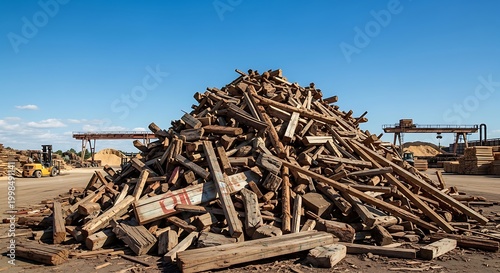 Pile of weathered wooden beams and planks under a clear blue sky in an industrial setting.