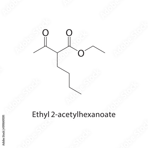 Ethyl 2-acetylhexanoate skeletal structure. keto ester compound schematic illustration. Simple diagram, chemical formula.