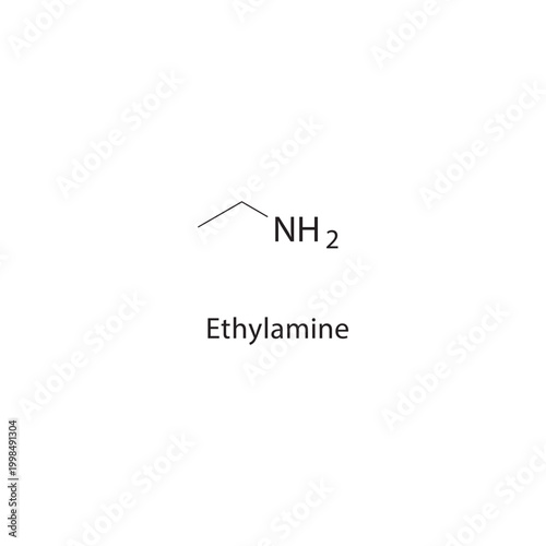 Ethylamine skeletal structure. amine compound schematic illustration. Simple diagram, chemical formula.