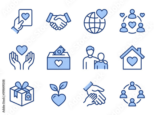 Charity and Donation Line Icon Set - Volunteer, Philanthropy, Community Support and Nonprofit Organizations Symbols