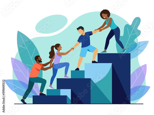 Diverse Team Helping Each Other Climb to Success. People Supporting Each Other on a Career Path. Teamwork, Partnership, and Growth Concept Vector Illustration.
